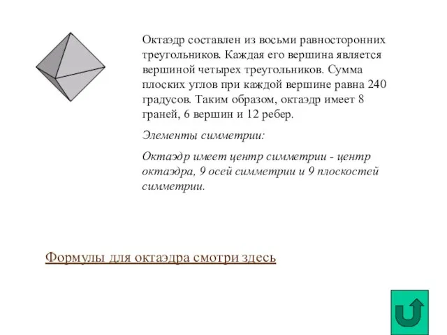 Октаэдр составлен из восьми равносторонних треугольников. Каждая его вершина является вершиной четырех