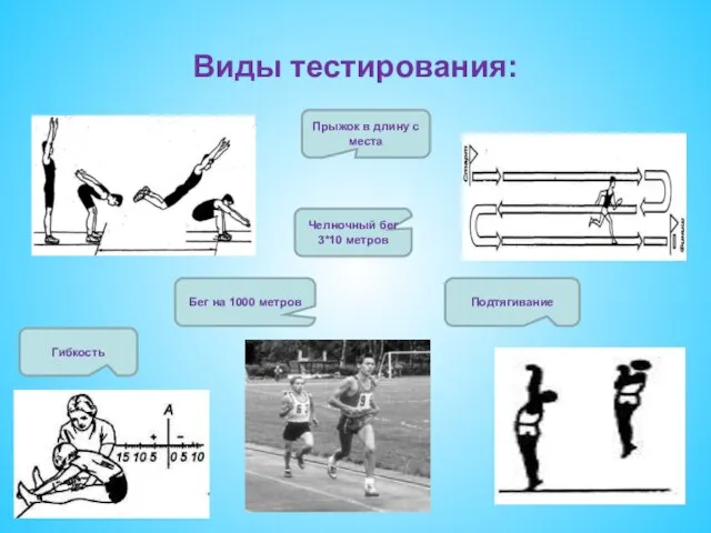 Виды тестирования: Гибкость Бег на 1000 метров Подтягивание Челночный бег 3*10 метров
