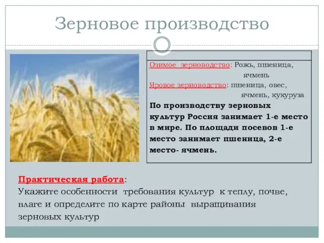 Зерновое производство Практическая работа: Укажите особенности требования культур к теплу, почве, влаге