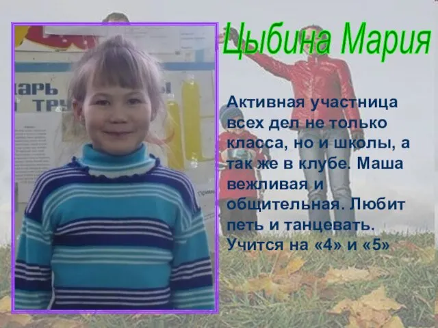 Цыбина Мария Активная участница всех дел не только класса, но и школы,