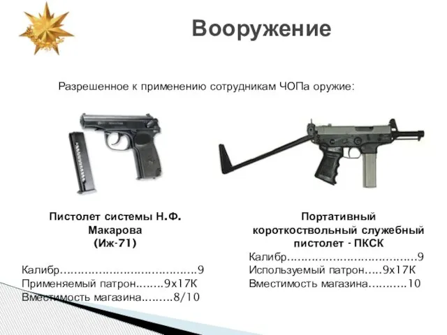 Вооружение Разрешенное к применению сотрудникам ЧОПа оружие: Пистолет системы Н.Ф. Макарова (Иж-71)