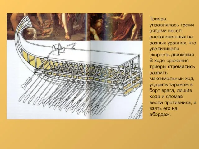 Триера управлялась тремя рядами весел, расположенных на разных уровнях, что увеличивало скорость