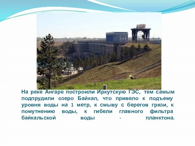 На реке Ангаре построили Иркутскую ГЭС, тем самым подпрудили озеро Байкал, что