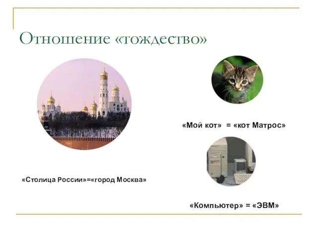 Отношение «тождество» «Столица России»=«город Москва» «Мой кот» = «кот Матрос» «Компьютер» = «ЭВМ»