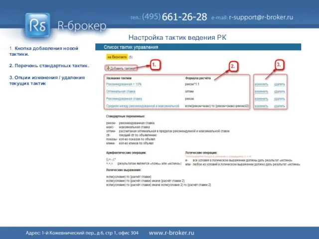1. Кнопка добавления новой тактики. 2. Перечень стандартных тактик. 3. Опции изменения