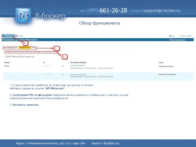 Обзор функционала 1. Список кампаний (разбитый по клиентам), доступных в личном кабинете,