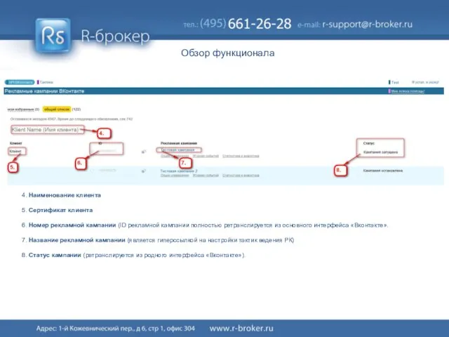 Обзор функционала 4. Наименование клиента 5. Сертификат клиента 6. Номер рекламной кампании