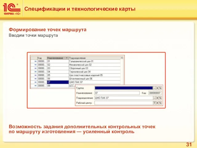 Формирование точек маршрута Вводим точки маршрута Спецификации и технологические карты Возможность задания