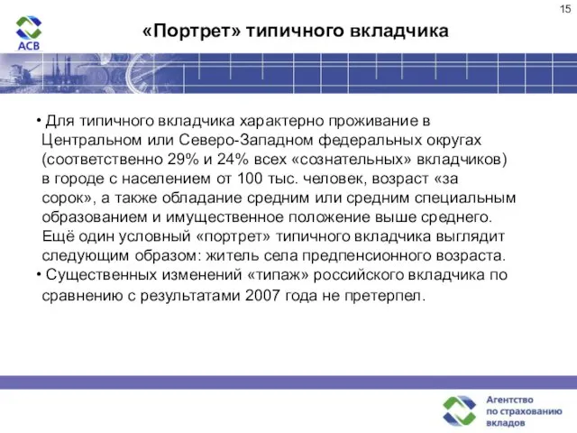 «Портрет» типичного вкладчика Для типичного вкладчика характерно проживание в Центральном или Северо-Западном