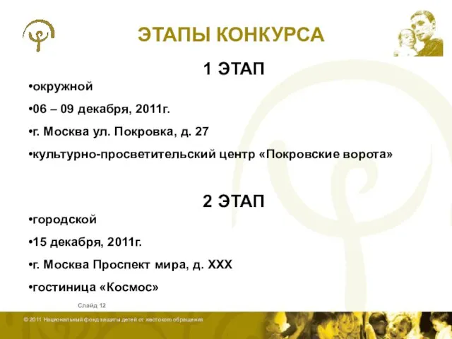 ЭТАПЫ КОНКУРСА Слайд 1 ЭТАП окружной 06 – 09 декабря, 2011г. г.