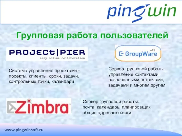 www.pingwinsoft.ru Групповая работа пользователей Система управления проектами - проекты, клиенты, сроки, задачи,