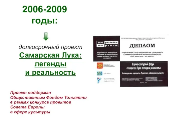 2006-2009 годы: долгосрочный проект Самарская Лука: легенды и реальность Проект поддержан Общественным