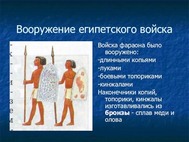 Вооружение египетского войска Войска фараона было вооружено: -длинными копьями -луками -боевыми топориками