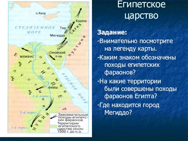 Египетское царство Задание: -Внимательно посмотрите на легенду карты. -Каким знаком обозначены походы