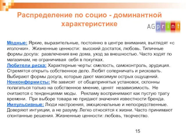 Распределение по социо - доминантной характеристике Модные: Яркие, выразительные, постоянно в центре