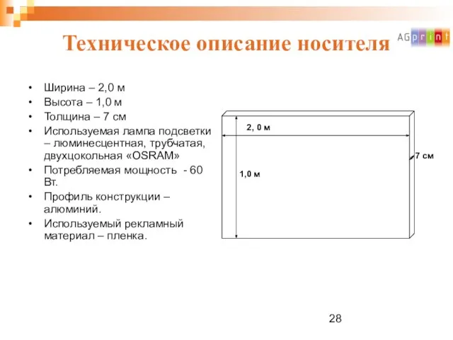 Техническое описание носителя Ширина – 2,0 м Высота – 1,0 м Толщина