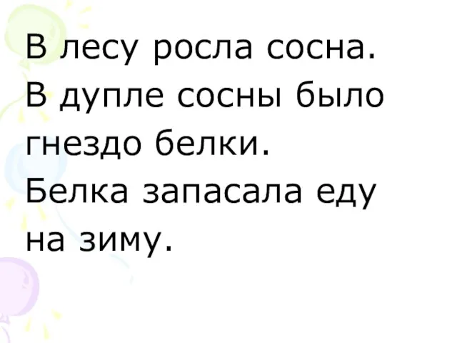 В лесу росла сосна. В дупле сосны было гнездо белки. Белка запасала еду на зиму.