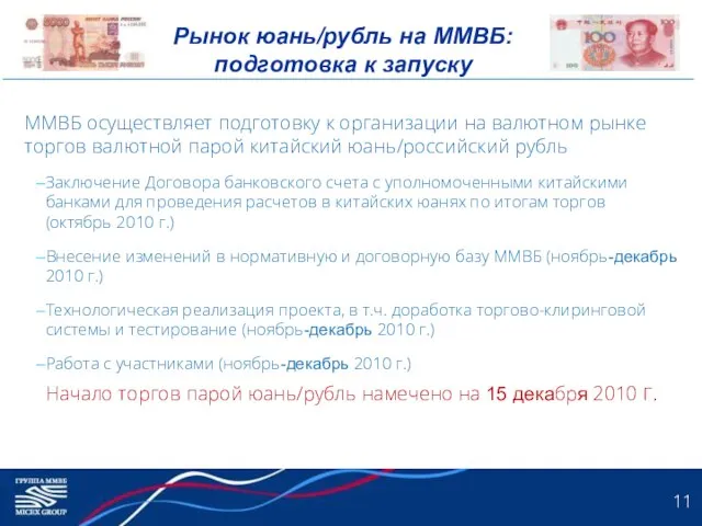 Рынок юань/рубль на ММВБ: подготовка к запуску ММВБ осуществляет подготовку к организации