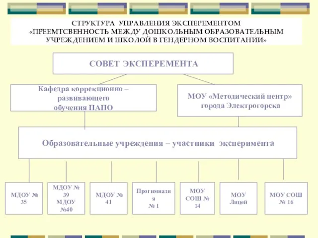 СТРУКТУРА УПРАВЛЕНИЯ ЭКСПЕРЕМЕНТОМ «ПРЕЕМТСВЕННОСТЬ МЕЖДУ ДОШКОЛЬНЫМ ОБРАЗОВАТЕЛЬНЫМ УЧРЕЖДЕНИЕМ И ШКОЛОЙ В ГЕНДЕРНОМ