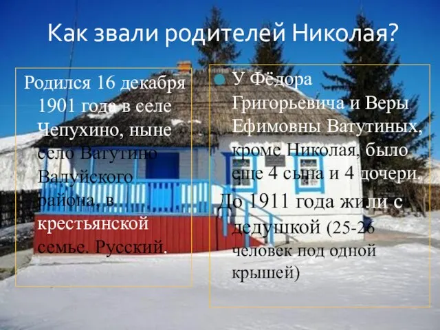 Как звали родителей Николая? Родился 16 декабря 1901 года в селе Чепухино,