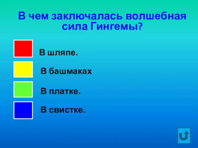 В чем заключалась волшебная сила Гингемы? В шляпе. В башмаках В платке. В свистке.