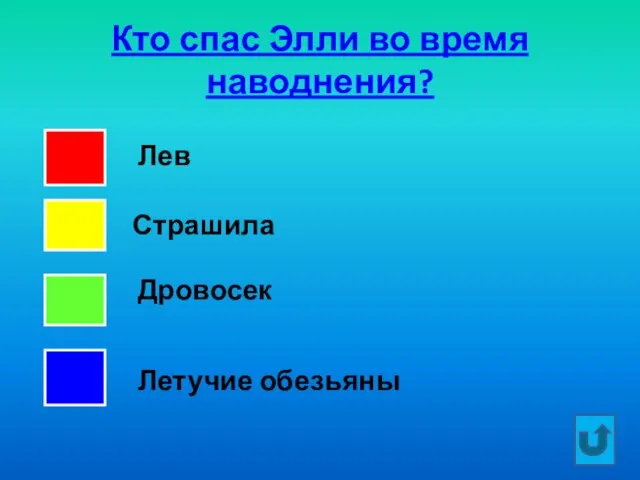 Кто спас Элли во время наводнения? Страшила Лев Дровосек Летучие обезьяны