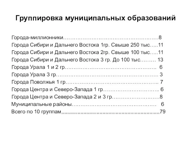 Группировка муниципальных образований Города-миллионники………………………………………………8 Города Сибири и Дальнего Востока 1гр. Свыше 250