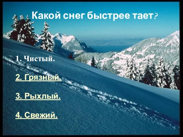 Какой снег быстрее тает? 1. Чистый. 2. Грязный. 3. Рыхлый. 4. Свежий.