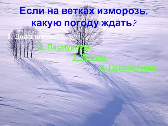 Если на ветках изморозь, какую погоду ждать? 1. Дождливую. 2. Пасмурную. 3. Ясную. 4. Переменную.