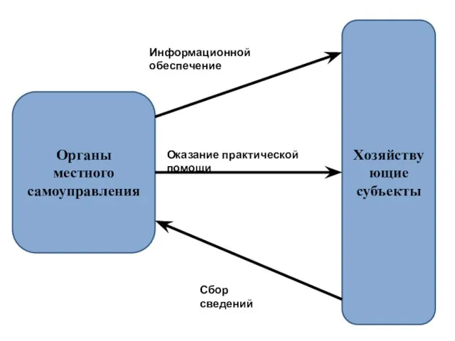 Органы местного самоуправления Хозяйствующие субъекты Информационной обеспечение Оказание практической помощи Сбор сведений