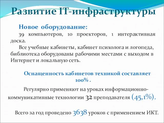 Развитие IT-инфраструктуры Новое оборудование: 39 компьютеров, 10 проекторов, 1 интерактивная доска. Все