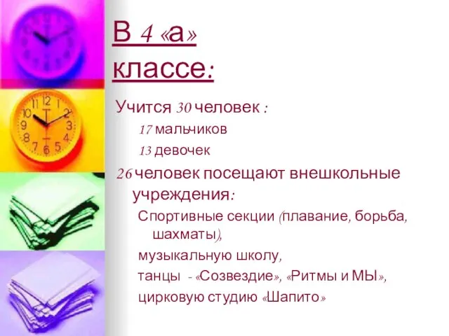 В 4 «а» классе: Учится 30 человек : 17 мальчиков 13 девочек