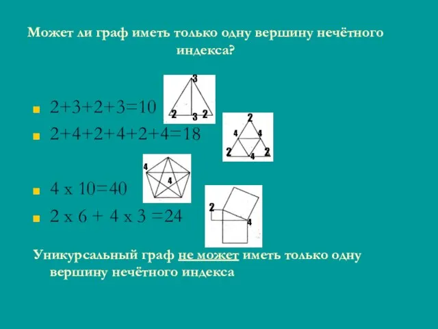 Может ли граф иметь только одну вершину нечётного индекса? 2+3+2+3=10 2+4+2+4+2+4=18 4