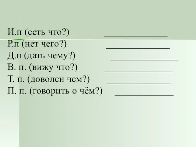 И.п (есть что?) _____________ Р.п (нет чего?) _____________ Д.п (дать чему?) ______________