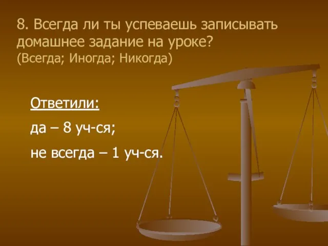 8. Всегда ли ты успеваешь записывать домашнее задание на уроке? (Всегда; Иногда;