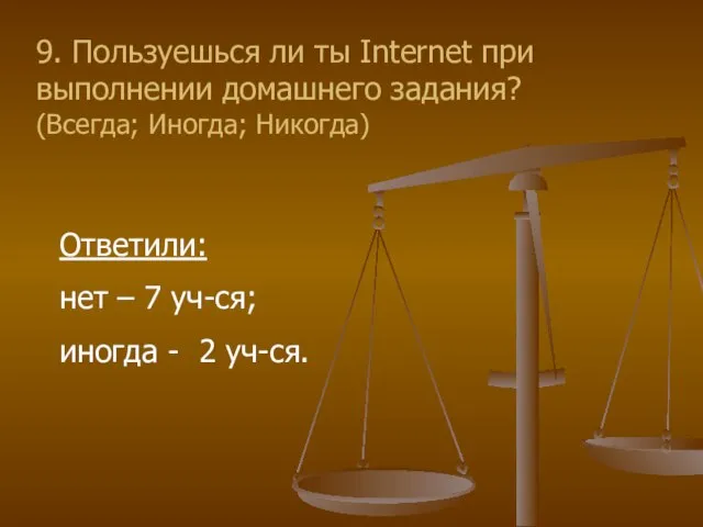 9. Пользуешься ли ты Internet при выполнении домашнего задания? (Всегда; Иногда; Никогда)