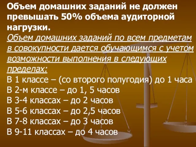 Объем домашних заданий не должен превышать 50% объема аудиторной нагрузки. Объем домашних