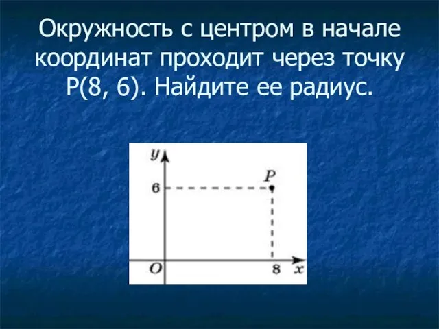 Окружность с центром в начале координат проходит через точку P(8, 6). Найдите ее радиус.