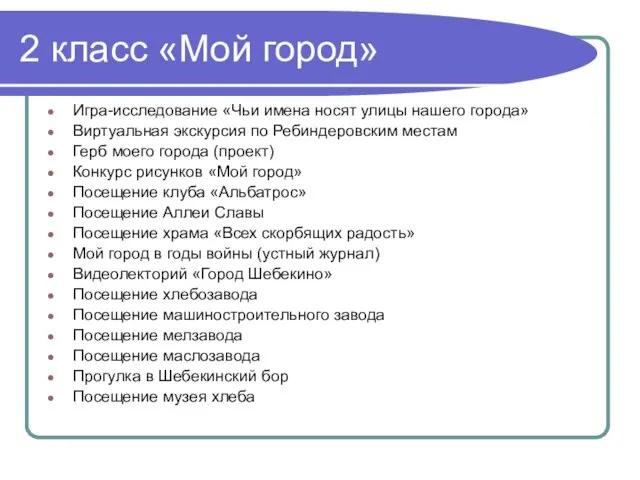 2 класс «Мой город» Игра-исследование «Чьи имена носят улицы нашего города» Виртуальная