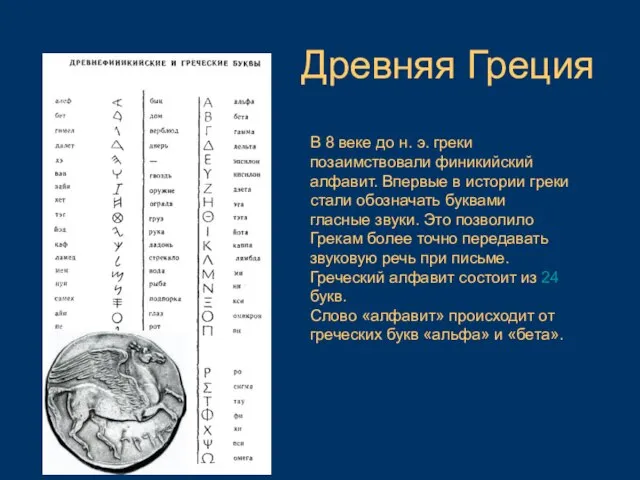 В 8 веке до н. э. греки позаимствовали финикийский алфавит. Впервые в