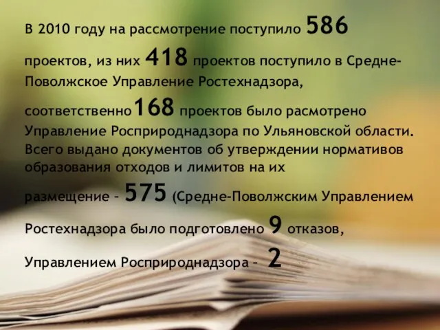 В 2010 году на рассмотрение поступило 586 проектов, из них 418 проектов