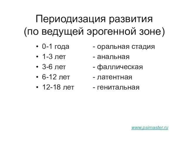 Периодизация развития (по ведущей эрогенной зоне) 0-1 года 1-3 лет 3-6 лет