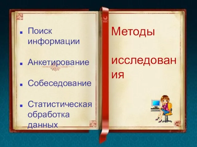 Поиск информации Анкетирование Собеседование Статистическая обработка данных Методы исследования