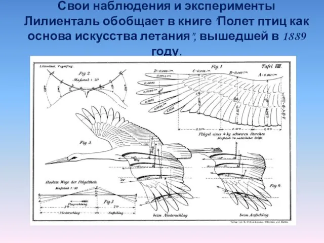 Свои наблюдения и эксперименты Лилиенталь обобщает в книге "Полет птиц как основа