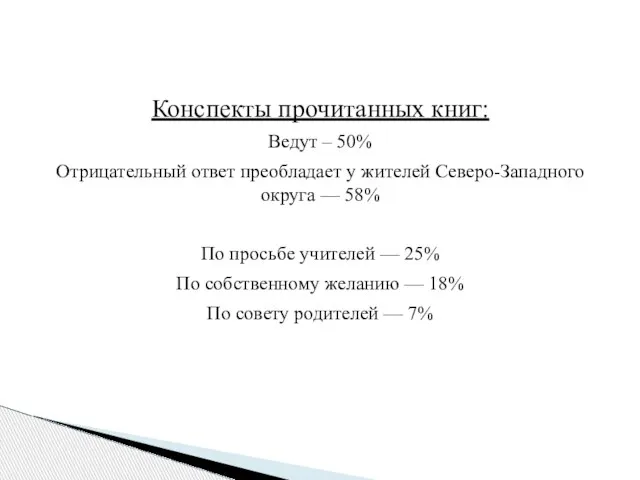 Конспекты прочитанных книг: Ведут – 50% Отрицательный ответ преобладает у жителей Северо-Западного