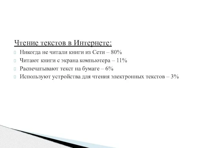 Чтение текстов в Интернете: Никогда не читали книги из Сети – 80%