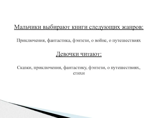 Мальчики выбирают книги следующих жанров: Приключения, фантастика, фэнтези, о войне, о путешествиях