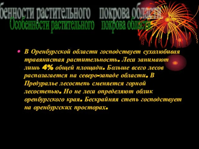 В Оренбургской области господствует сухолюбивая травянистая растительность. Леса занимают лишь 4% общей