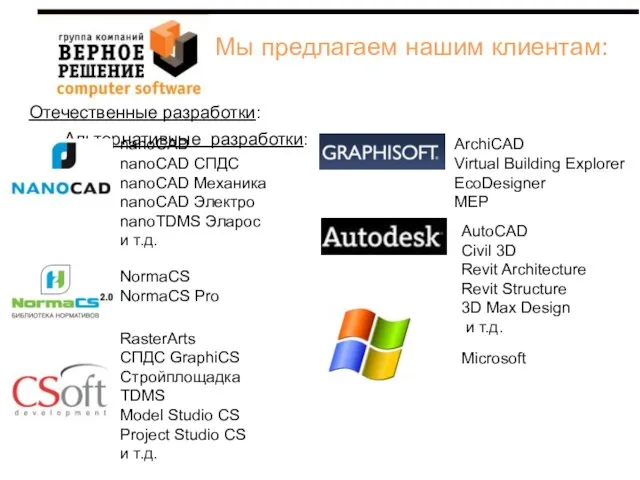 Отечественные разработки: Альтернативные разработки: ArchiCAD Virtual Building Explorer EcoDesigner MEP NormaCS NormaCS