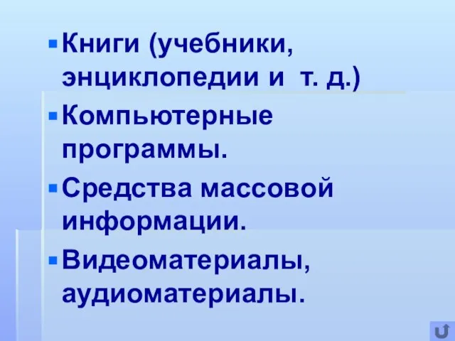 Книги (учебники, энциклопедии и т. д.) Компьютерные программы. Средства массовой информации. Видеоматериалы, аудиоматериалы.